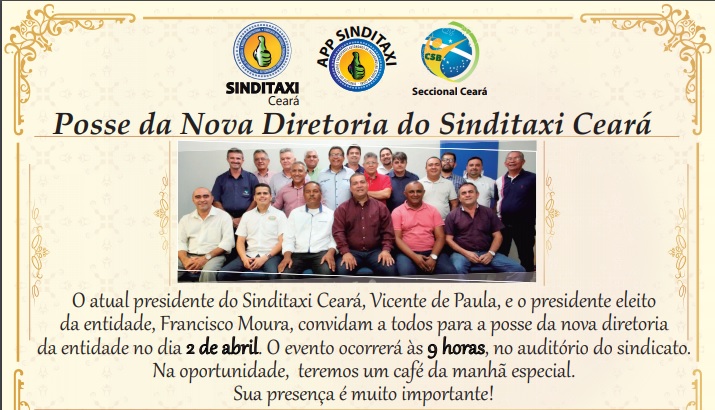 Posse da nova diretoria do SINDITAXI-CE acontece na próxima terça-feira (2)